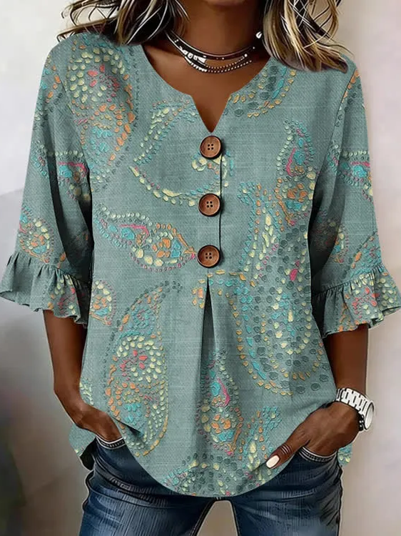 Women Abstract Vintage Blouses V Neck Printing Half Sleeve Summer Top-image-17113419