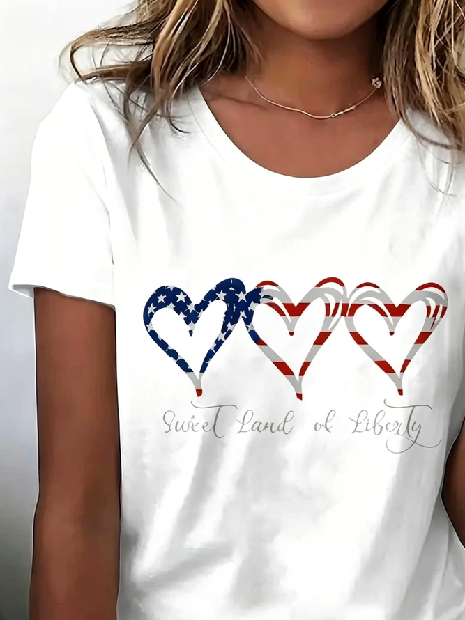 Side view of Women Heart/Cordate Casual Short Sleeve Tee T-shirt Crew Neck Summer Printing Graphic Tee Top