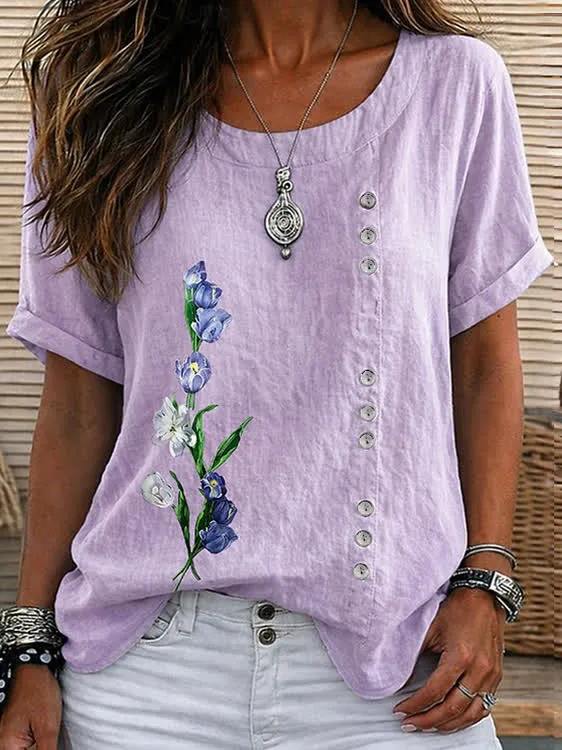 Women Floral Casual Shirts Crew Neck Printing Short Sleeve Summer Top-image-17113304