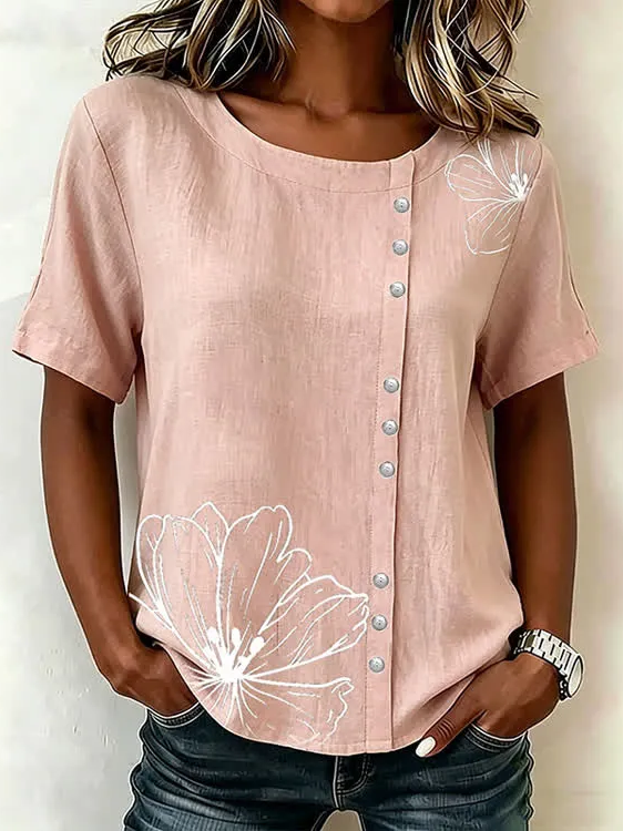 Women Floral Casual Shirts Crew Neck Printing Short Sleeve Summer Top-image-17113268