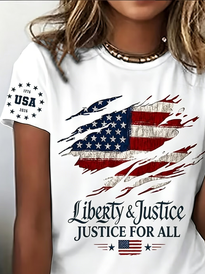 Side view of Women Independence Day (Flag) Casual Short Sleeve Tee T-shirt Crew Neck Summer Printing Graphic Tee Top