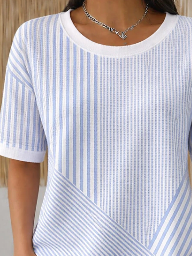 Side view of Women Striped Casual Short Sleeve Tee T-shirt Crew Neck Summer Printing Top