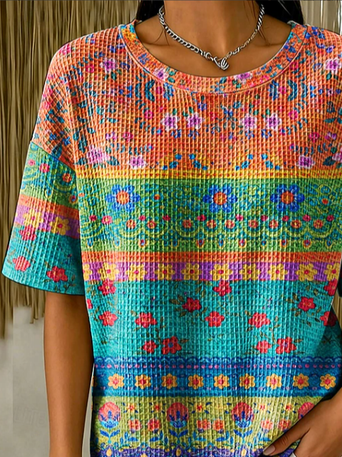 Side view of Women Floral Casual Short Sleeve Tee T-shirt Crew Neck Summer Printing Top