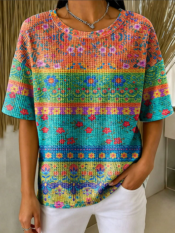 Women Floral Casual Short Sleeve Tee T-shirt Crew Neck Summer Printing Top-image-17114980