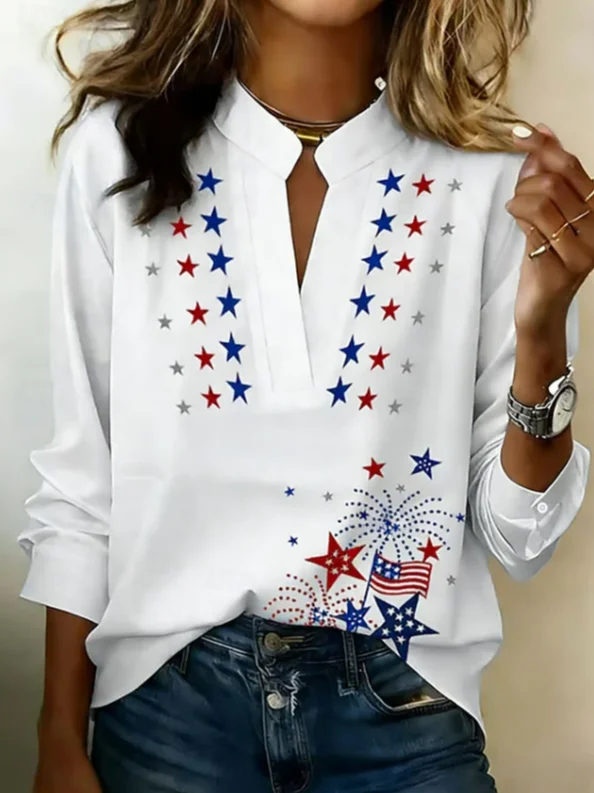 Women Independence Day (Flag) Vintage Blouses V Neck Printing Long Sleeve Spring/Fall Top-image-17114824