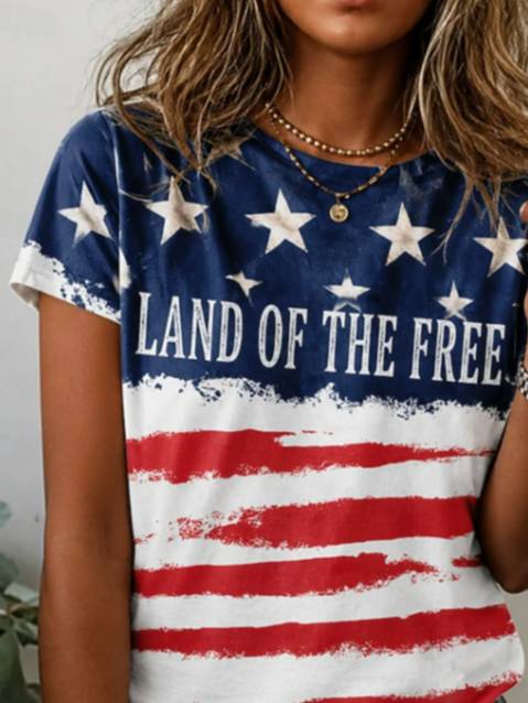 Side view of Women Independence Day (Flag) Casual Short Sleeve Tee T-shirt Crew Neck Summer Printing Graphic Tee Top