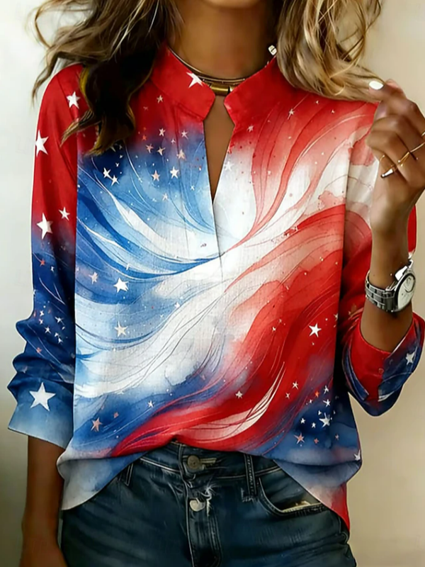 Women Independence Day (Flag) Vintage Blouses V Neck Printing Long Sleeve Spring/Fall Top-image-17114788