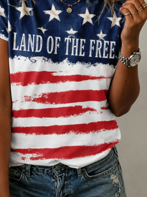 Side view of Women Independence Day (Flag) Casual Short Sleeve Tee T-shirt Crew Neck Summer Printing Graphic Tee Top