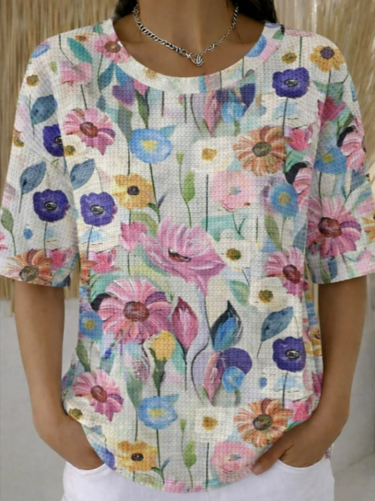 Women Floral Casual Short Sleeve Tee T-shirt Crew Neck Summer Printing Top-image-17115016