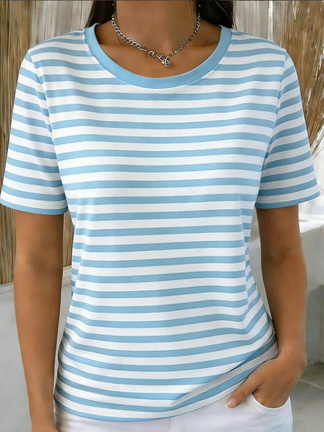 Women Striped Casual Short Sleeve Tee T-shirt Crew Neck Summer Printing Graphic Tee Top-image-17114860
