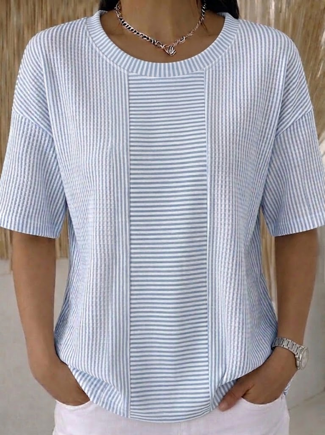 Women Striped Casual Short Sleeve Tee T-shirt Crew Neck Summer Printing Top-image-17115064