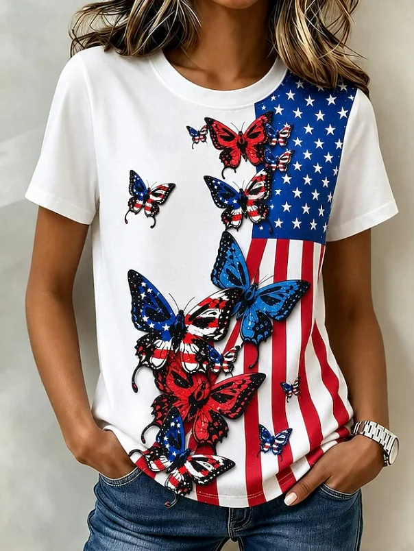 Women Butterfly Casual Short Sleeve Tee T-shirt Crew Neck Summer Printing Graphic Tee Top-image-17114956