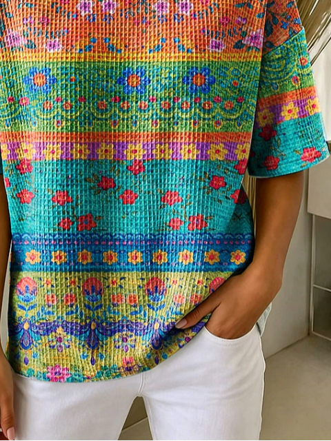 Side view of Women Floral Casual Short Sleeve Tee T-shirt Crew Neck Summer Printing Top