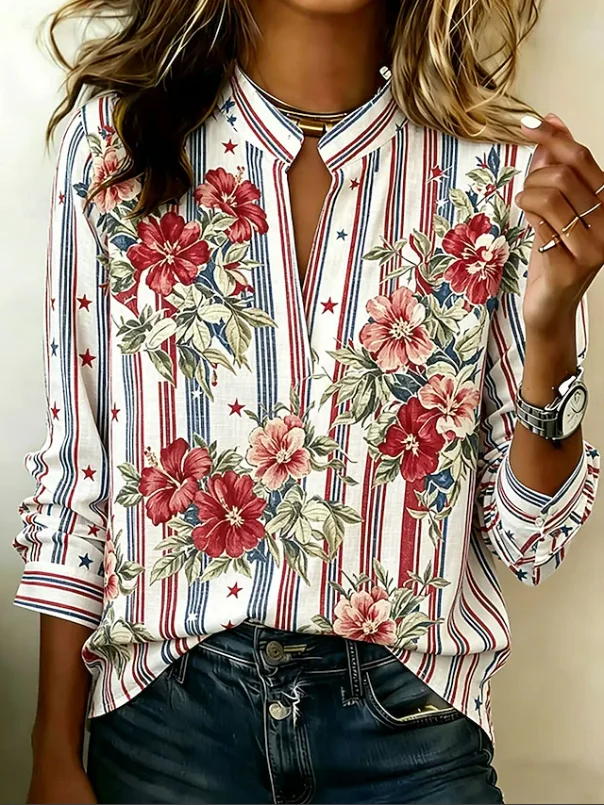 Women Floral Vintage Blouses V Neck Printing Long Sleeve Spring/Fall Top-image-17114812