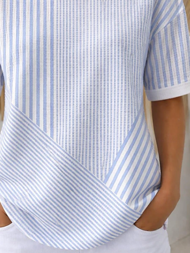 Side view of Women Striped Casual Short Sleeve Tee T-shirt Crew Neck Summer Printing Top