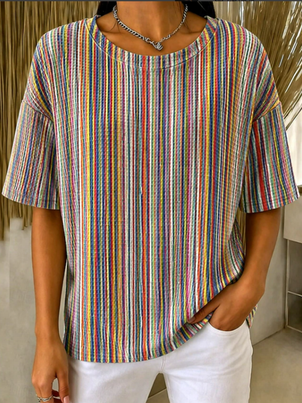 Women Striped Casual Short Sleeve Tee T-shirt Crew Neck Summer Printing Top-image-17114992