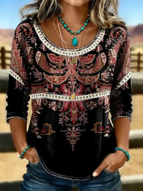 Women Ethnic Casual Blouses Crew Neck Printing Half Sleeve Summer Top-image-17115688