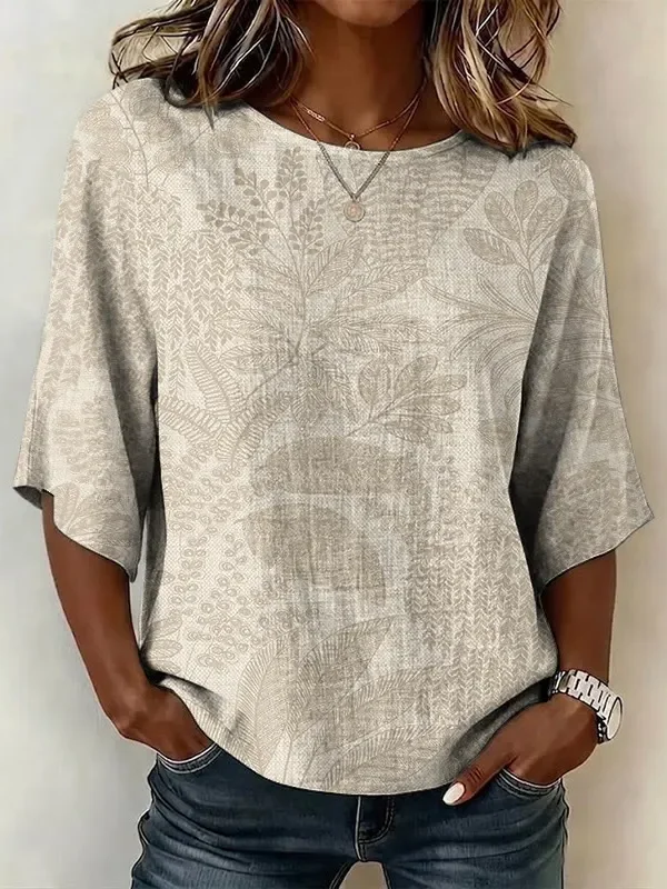 Women Leaf Vintage Blouses Crew Neck Printing Half Sleeve Summer Top-image-17115760