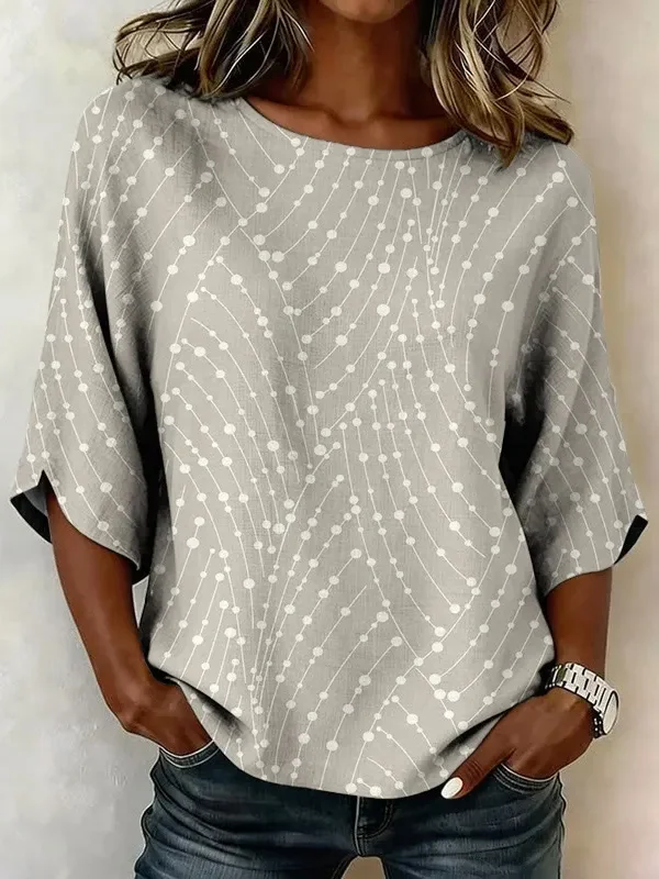 Women Abstract Vintage Blouses Crew Neck Printing Half Sleeve Summer Top-image-17115772