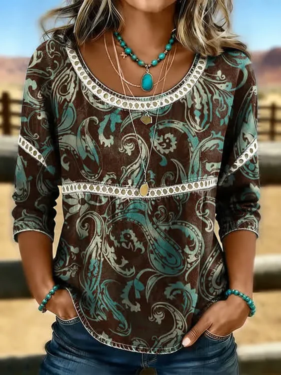 Women Paisley Casual Blouses Crew Neck Printing Half Sleeve Summer Top-image-17115712