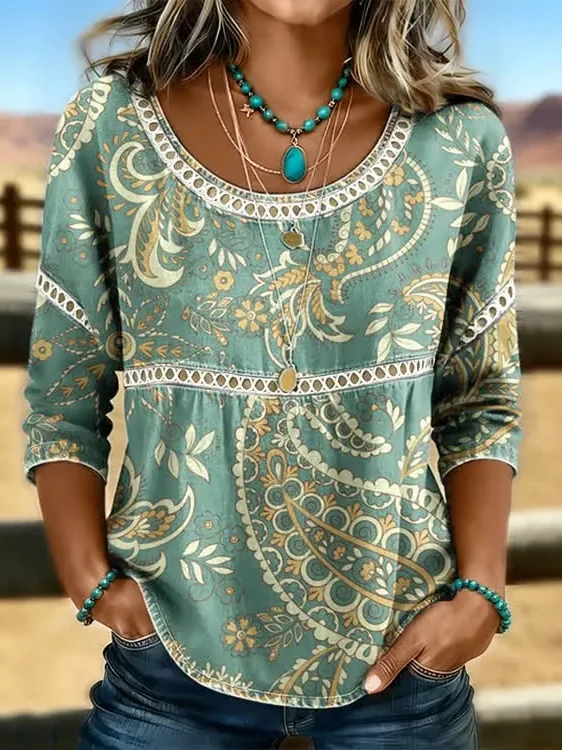 Women Paisley Casual Blouses Crew Neck Printing Half Sleeve Summer Top-image-17115724