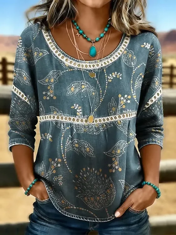 Women Abstract Casual Blouses Crew Neck Printing Half Sleeve Summer Top-image-17115748