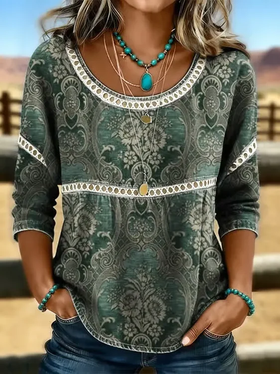 Women Floral Casual Blouses Crew Neck Printing Half Sleeve Summer Top-image-17115736