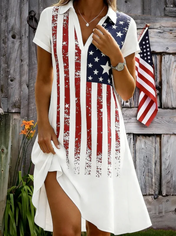 Women Independence Day (Flag) A-Line Knee Length Shawl Collar Casual Summer Daily Dress-image-17115784