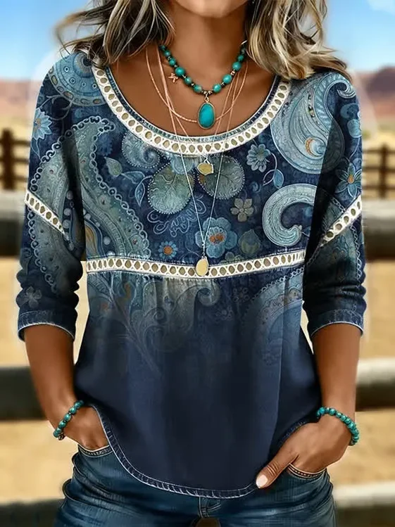 Women Floral Casual Blouses Crew Neck Printing Half Sleeve Summer Top-image-17115700