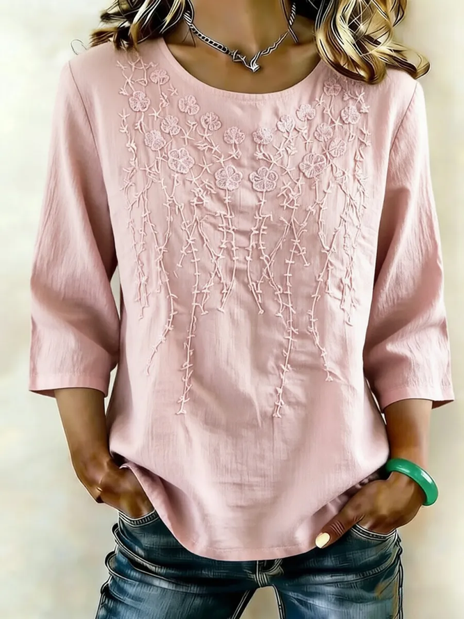 Women Floral Vintage Blouses Crew Neck Printing Half Sleeve Summer Top-image-17116168