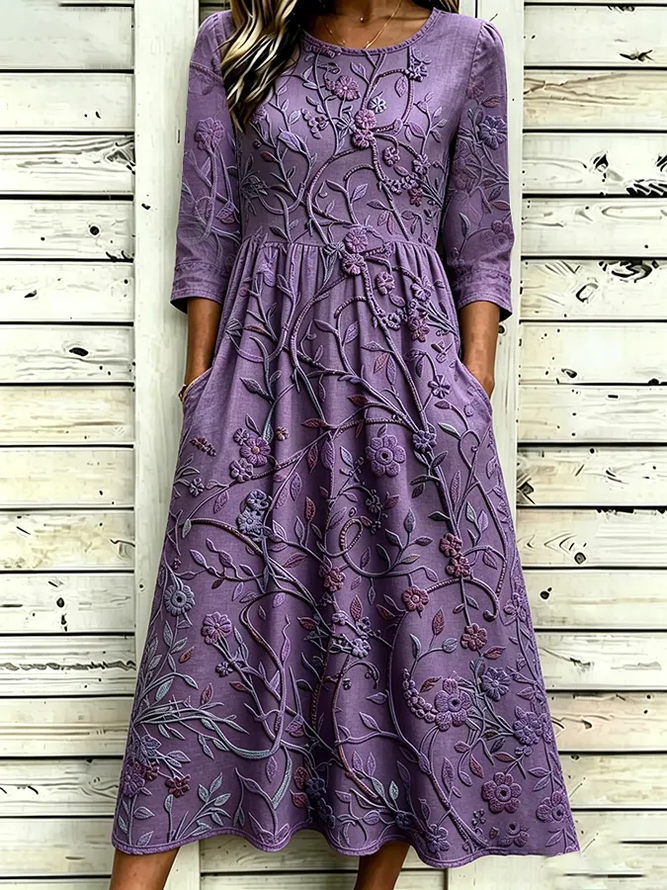 Women Floral H-Line Maxi Crew Neck Casual Summer Daily Dress-image-17116072