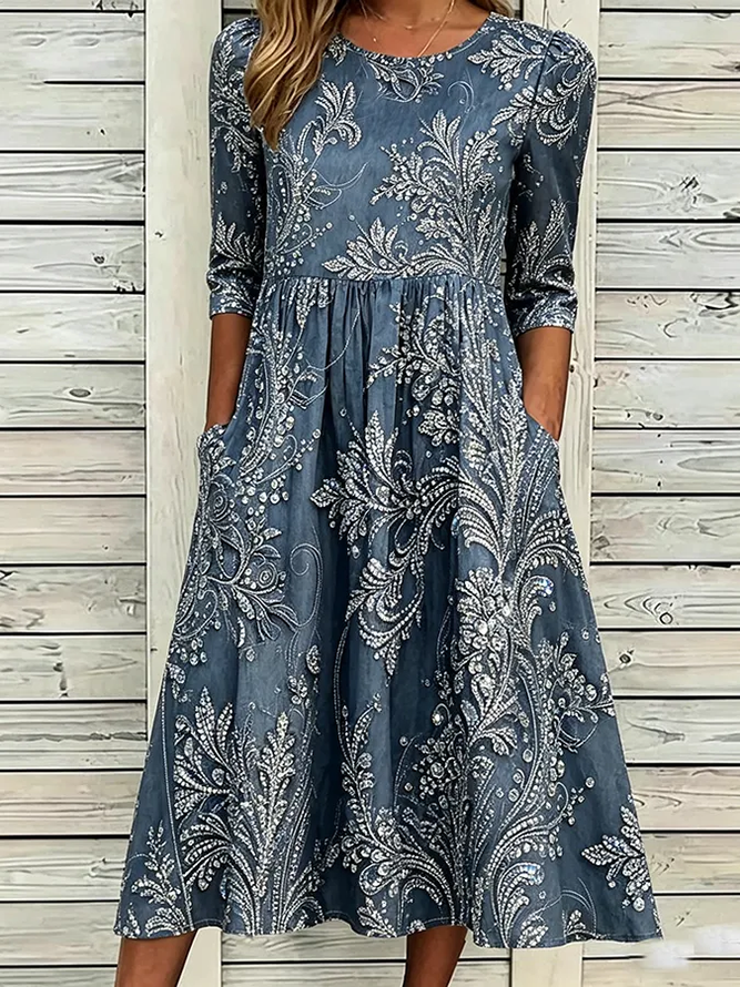 Women Floral H-Line Maxi Crew Neck Casual Summer Daily Dress-image-17116084