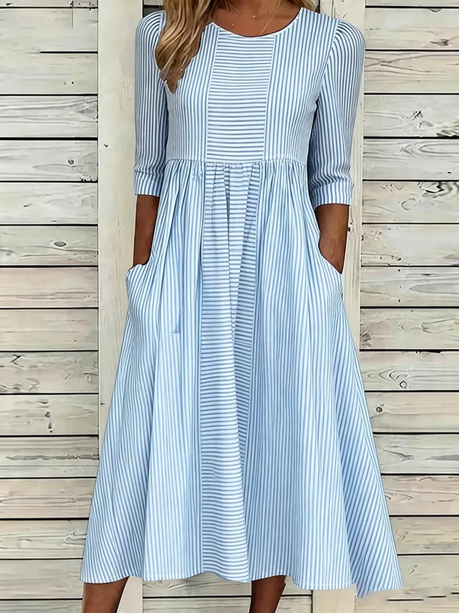 Women Striped H-Line Maxi Crew Neck Casual Summer Daily Dress-image-17116108