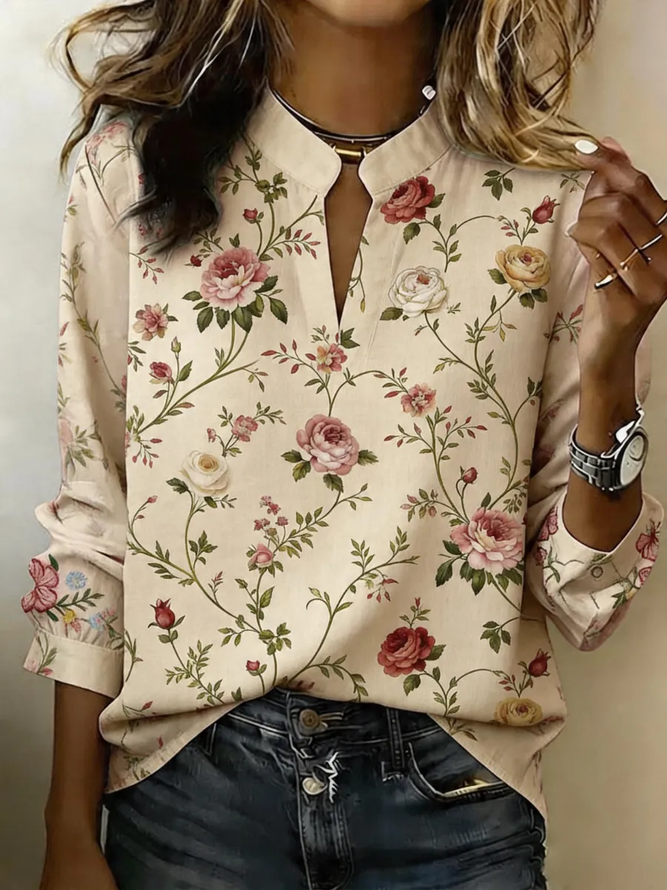 Women Floral Vintage Blouses V Neck Printing Long Sleeve Spring/Fall Top-image-17116180