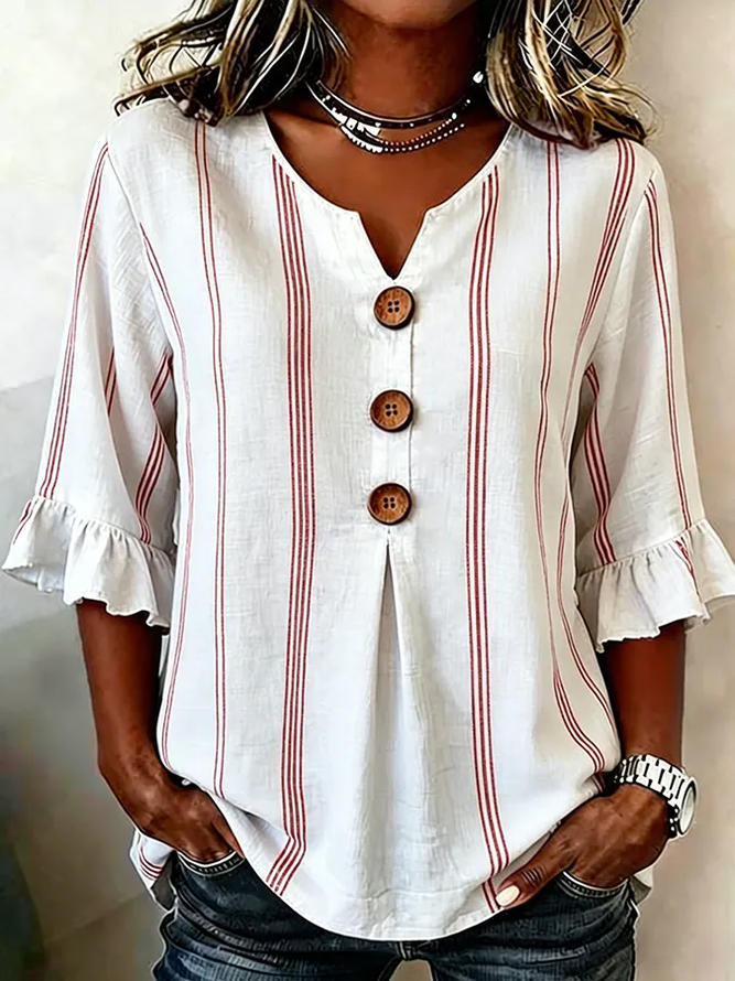 Women Striped Vintage Blouses V Neck Printing Half Sleeve Summer Top-image-17116132