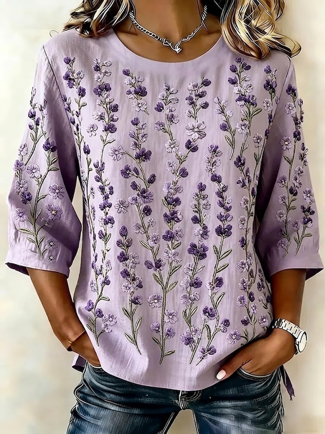 Women Floral Vintage Blouses Crew Neck Printing Half Sleeve Summer Top-image-17116156