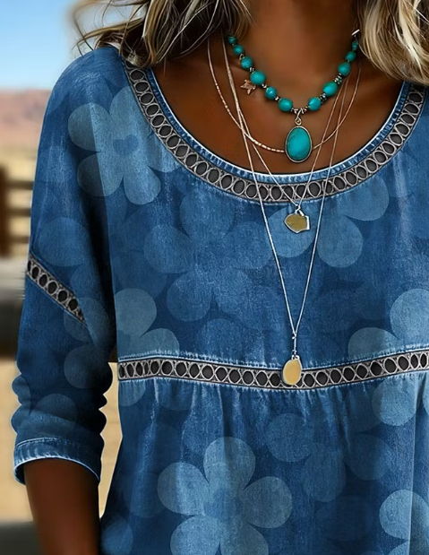 Side view of Women Floral Vintage Blouses Crew Neck Half Sleeve Summer Top