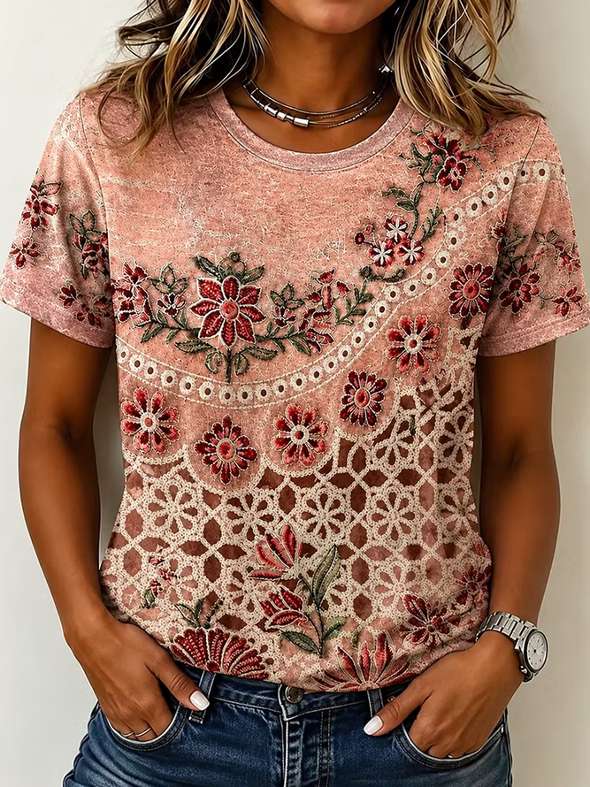 Women Floral Casual Short Sleeve Tee T-shirt Crew Neck Summer Printing Graphic Tee Top-image-17150769