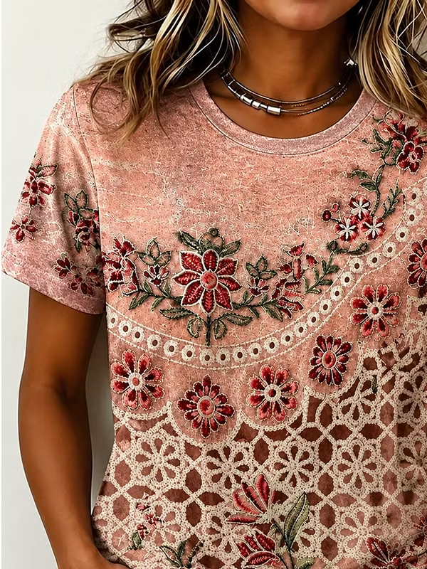 Side view of Women Floral Casual Short Sleeve Tee T-shirt Crew Neck Summer Printing Graphic Tee Top