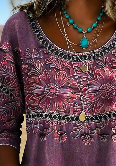 Side view of Women Floral Vintage Blouses Crew Neck Half Sleeve Summer Top