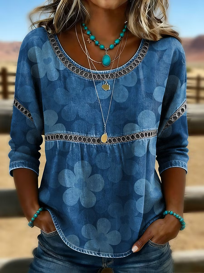 Women Floral Vintage Blouses Crew Neck Half Sleeve Summer Top-image-17150552