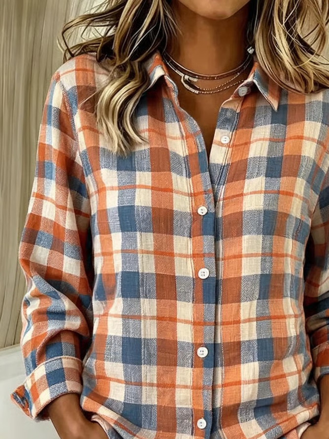 Side view of Women Plaid Casual Shirts Shirt Collar Buckle Button Up Shirt Long Sleeve Spring/Fall Top