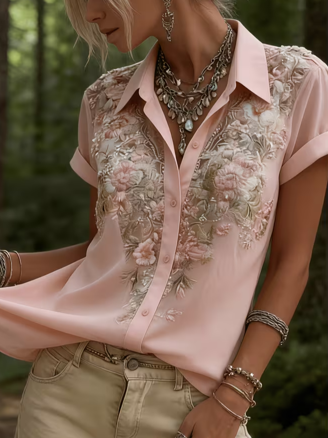 Women Floral Casual Shirts Shirt Collar Printing Button Up Shirt Short Sleeve Summer Top-image-17150709