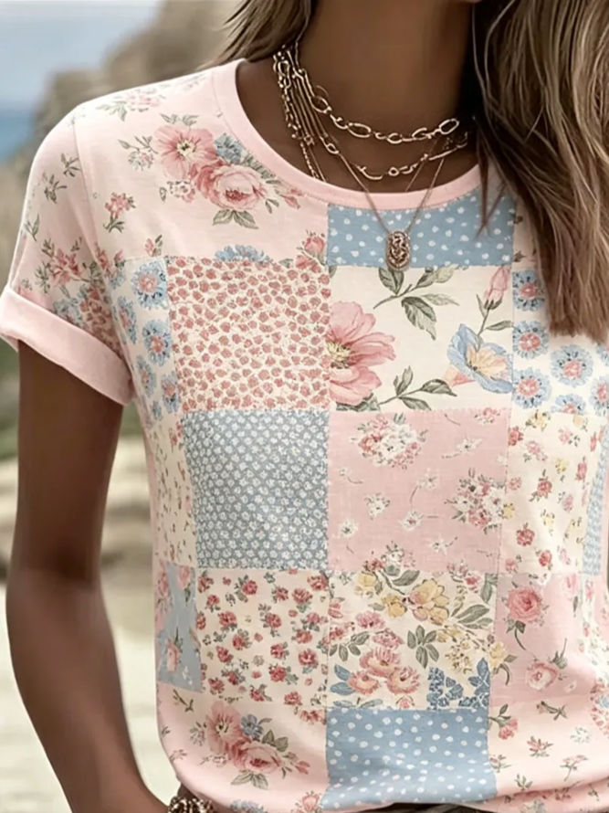 Side view of Women Floral Casual Short Sleeve Tee T-shirt Crew Neck Summer Printing Graphic Tee Top