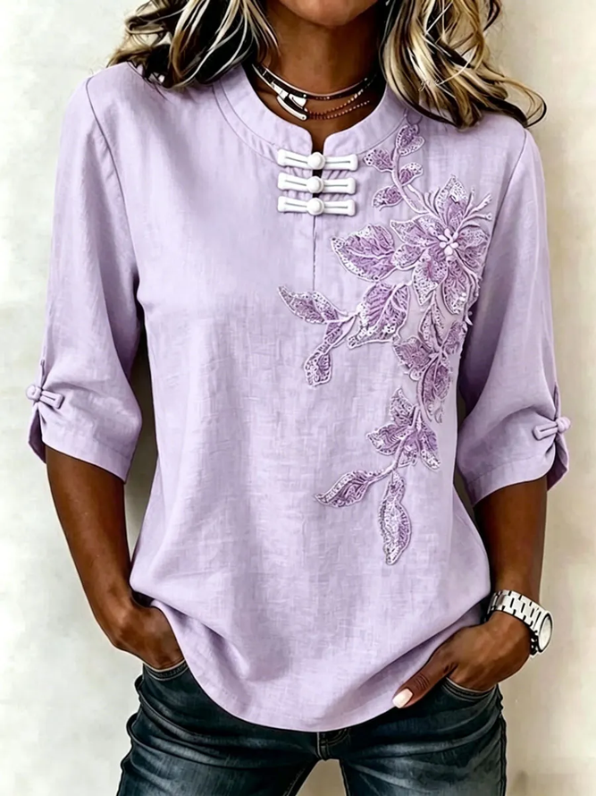 Women Floral Vintage Blouses Mandarin Collar Printing Half Sleeve Summer Top-image-17150787