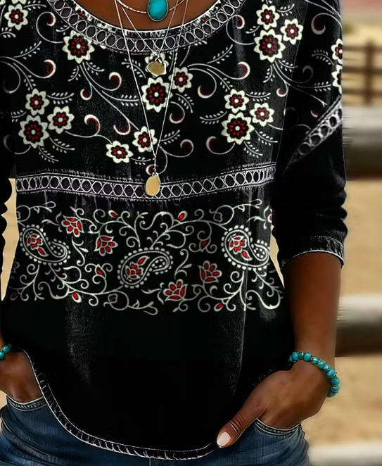 Side view of Women Floral Vintage Blouses Crew Neck Half Sleeve Summer Top