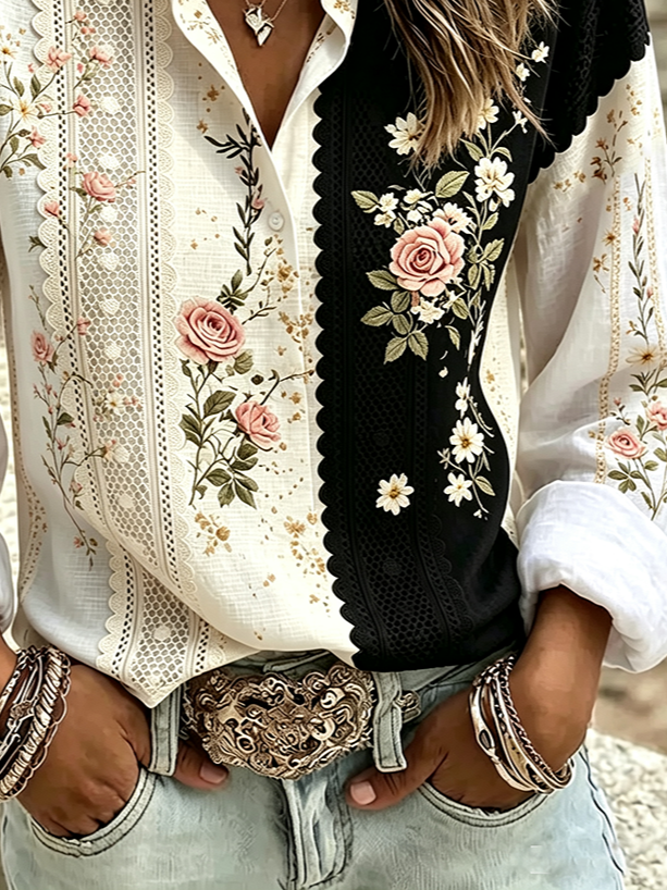 Side view of Women Floral Casual Shirts Shirt Collar Buckle Button Up Shirt Long Sleeve Spring/Fall Top