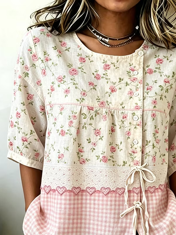 Side view of Women Floral Vintage Shirts Crew Neck Half Sleeve Summer Top