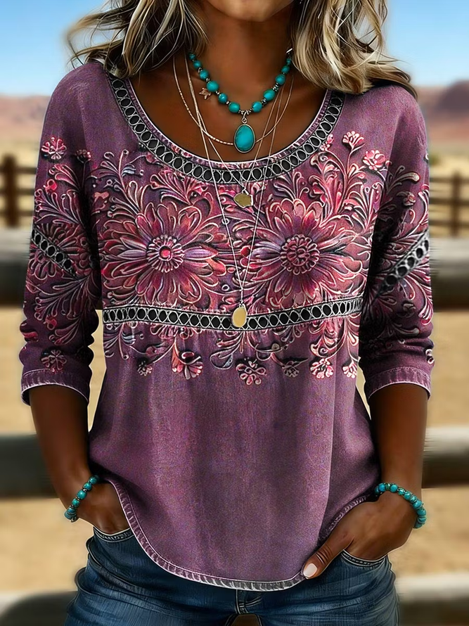 Women Floral Vintage Blouses Crew Neck Half Sleeve Summer Top-image-17150564