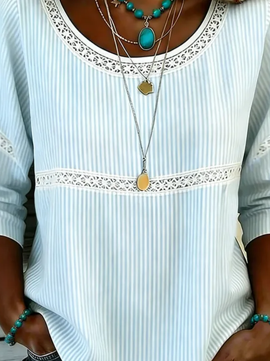 Side view of Women Striped Vintage Blouses Crew Neck Half Sleeve Summer Top